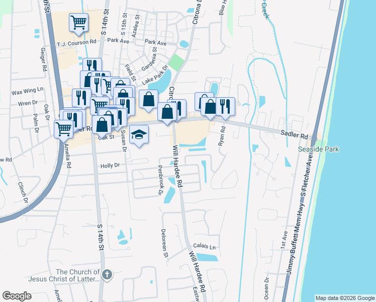 map of restaurants, bars, coffee shops, grocery stores, and more near 2129 Captain Kidd Drive in Fernandina Beach