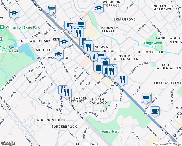map of restaurants, bars, coffee shops, grocery stores, and more near 400 Dunn Street in Bryan