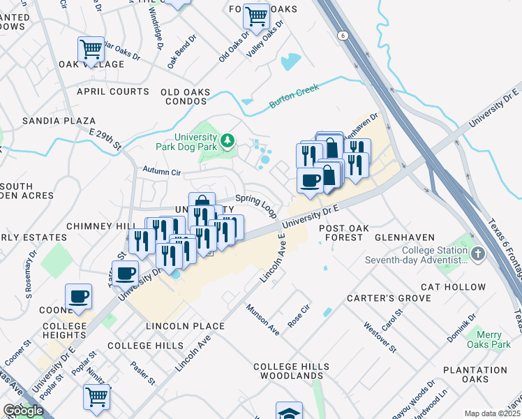 map of restaurants, bars, coffee shops, grocery stores, and more near 1203 University Drive East in College Station