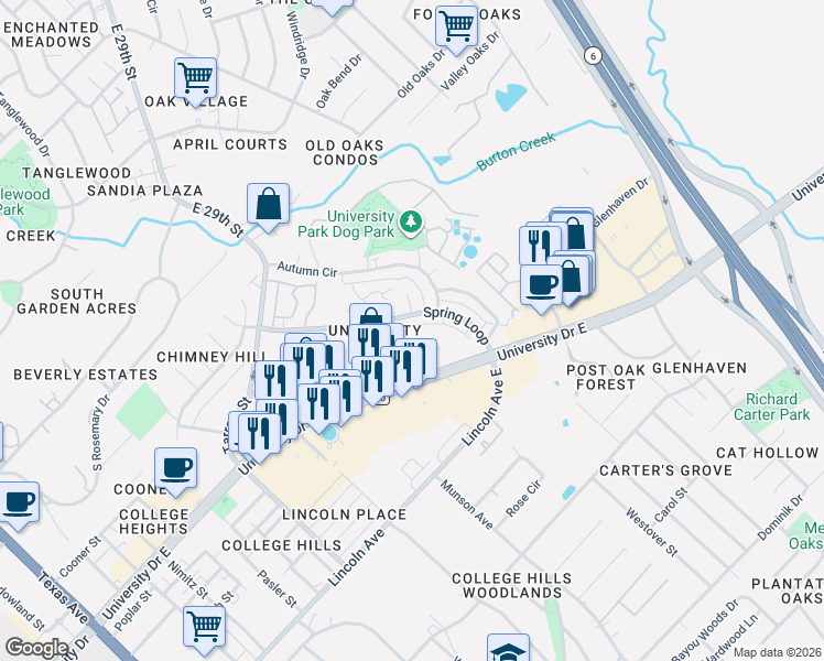 map of restaurants, bars, coffee shops, grocery stores, and more near 1105 Spring Loop in College Station