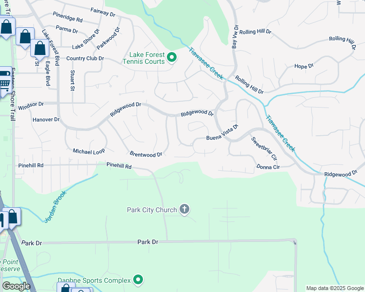 map of restaurants, bars, coffee shops, grocery stores, and more near 120 Buena Vista Drive in Daphne