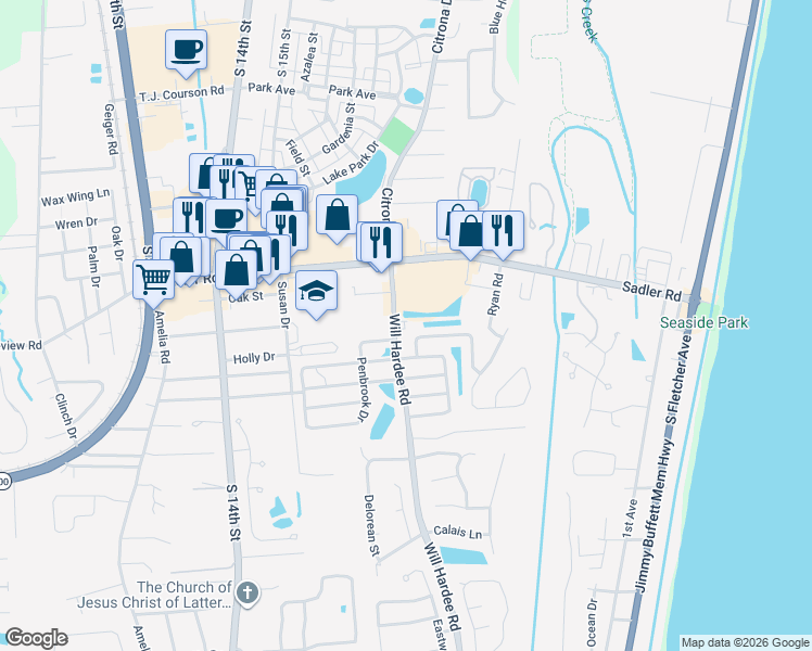 map of restaurants, bars, coffee shops, grocery stores, and more near 2122 Will Hardee Road in Fernandina Beach