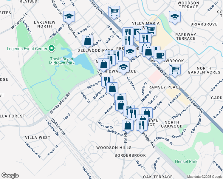map of restaurants, bars, coffee shops, grocery stores, and more near 100-104 Lynn Drive in Bryan