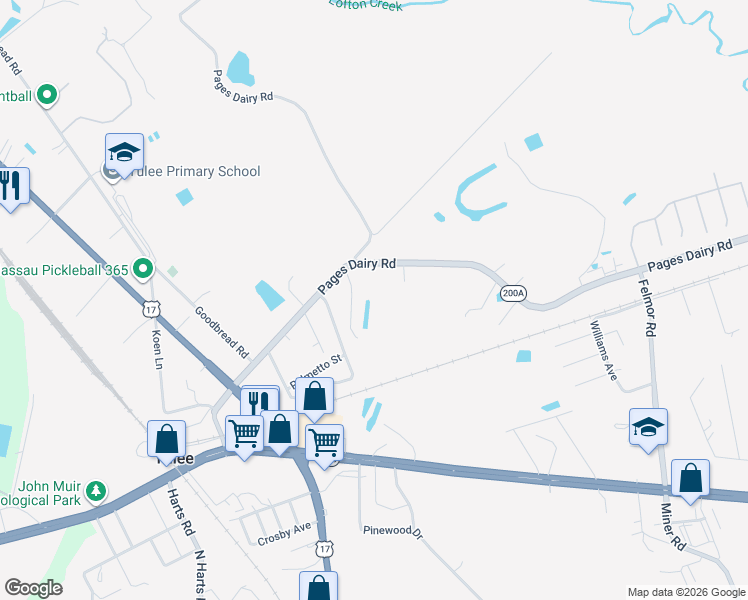 map of restaurants, bars, coffee shops, grocery stores, and more near 86136 Britt Lynn Lane in Yulee