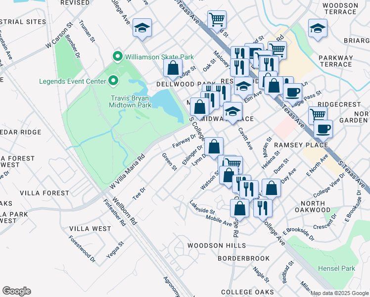 map of restaurants, bars, coffee shops, grocery stores, and more near 114 Ehlinger Drive in Bryan