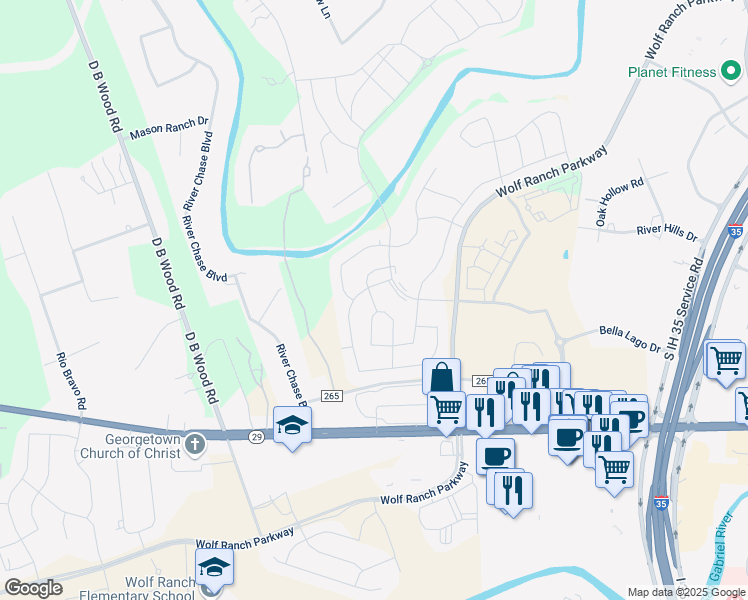 map of restaurants, bars, coffee shops, grocery stores, and more near 544 Wolf Road in Georgetown