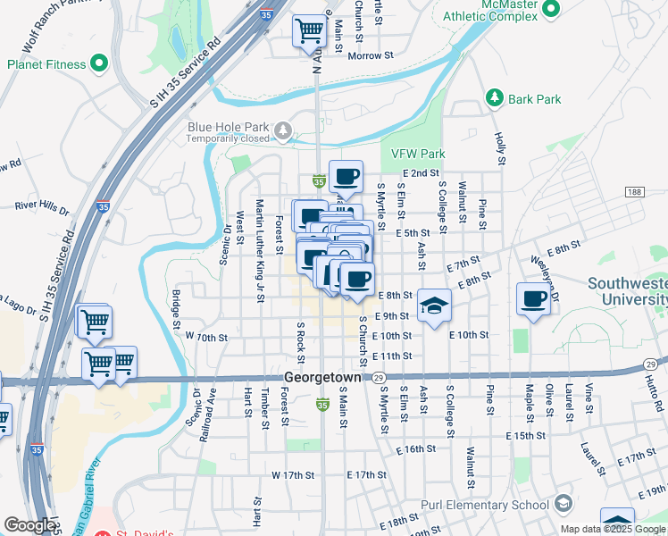 map of restaurants, bars, coffee shops, grocery stores, and more near 701 South Main Street in Georgetown