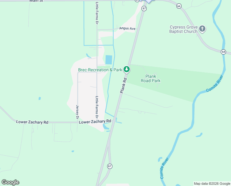 map of restaurants, bars, coffee shops, grocery stores, and more near 19233 Plank Road in Zachary