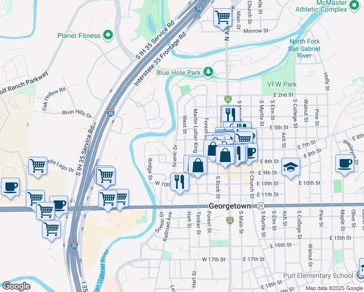 map of restaurants, bars, coffee shops, grocery stores, and more near 601 West Street in Georgetown