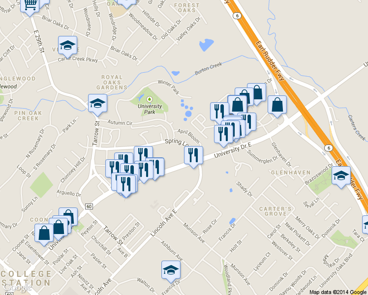 map of restaurants, bars, coffee shops, grocery stores, and more near 1203 University Drive East in College Station