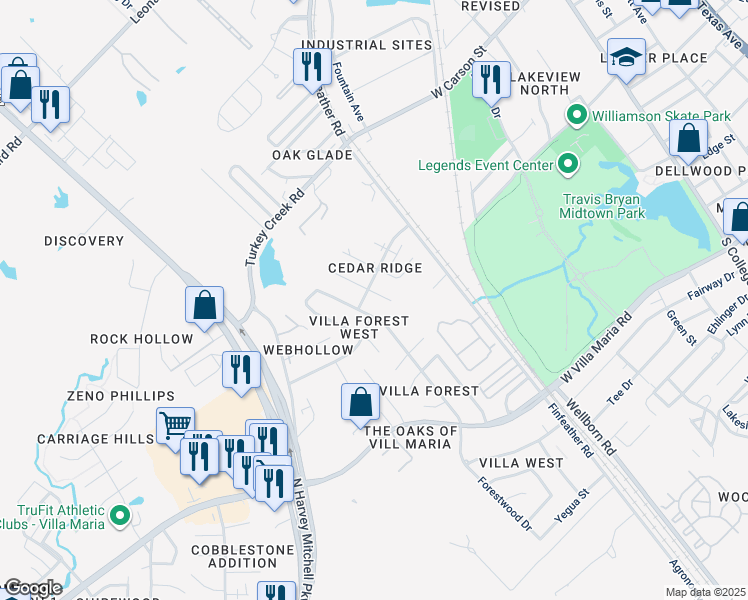 map of restaurants, bars, coffee shops, grocery stores, and more near 2905 Forestwood Drive in Bryan