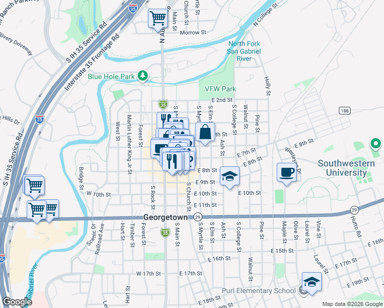map of restaurants, bars, coffee shops, grocery stores, and more near 611 South Church Street in Georgetown