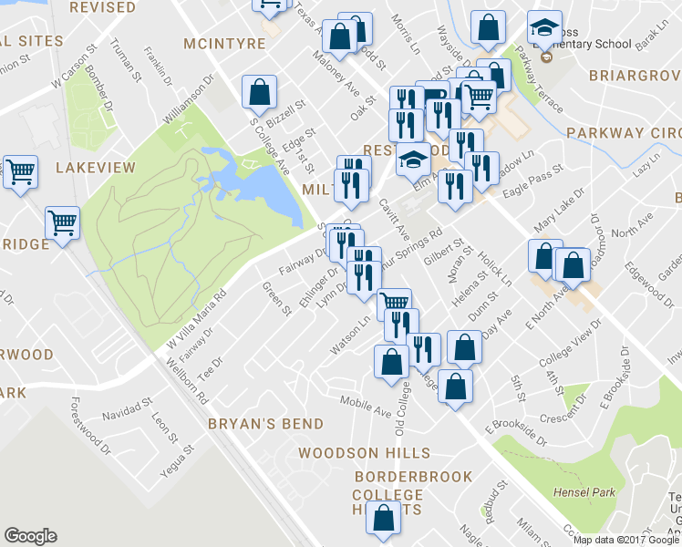 map of restaurants, bars, coffee shops, grocery stores, and more near 3310 S College Ave in Bryan