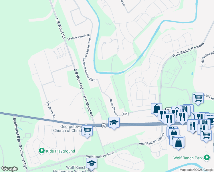 map of restaurants, bars, coffee shops, grocery stores, and more near 205 Overlook Court in Georgetown