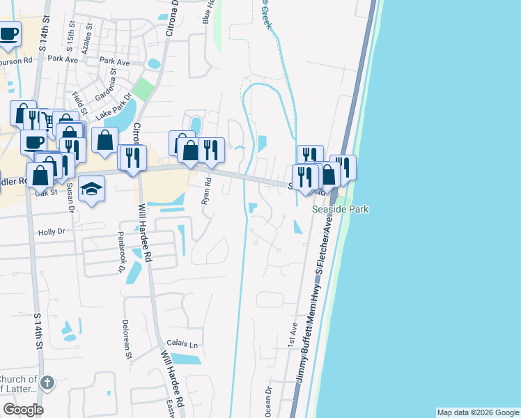 map of restaurants, bars, coffee shops, grocery stores, and more near 2122 Off Shore Drive in Fernandina Beach