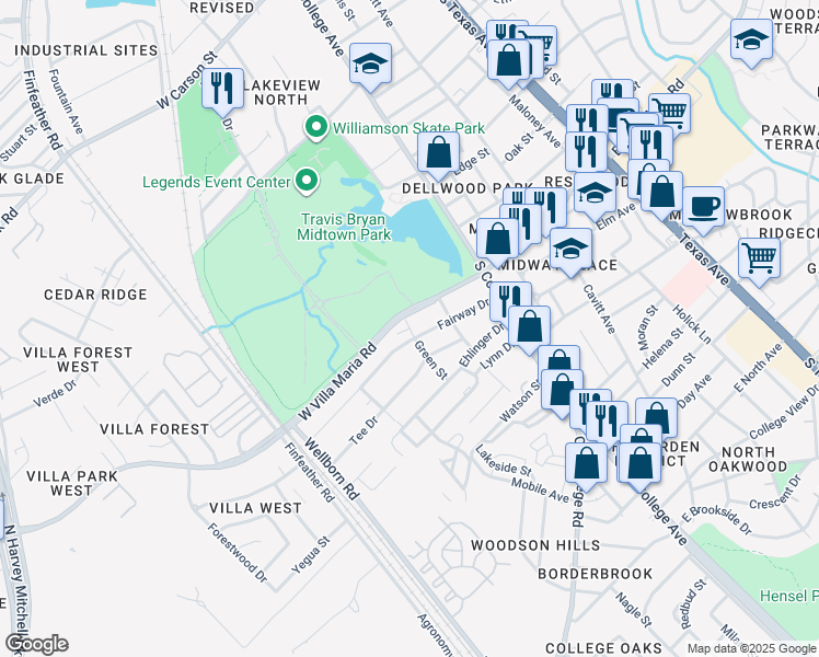 map of restaurants, bars, coffee shops, grocery stores, and more near 302 Fairway Drive in Bryan