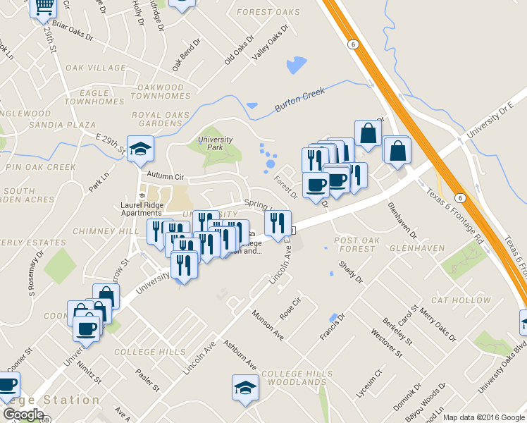map of restaurants, bars, coffee shops, grocery stores, and more near 1202 Spring Loop in College Station