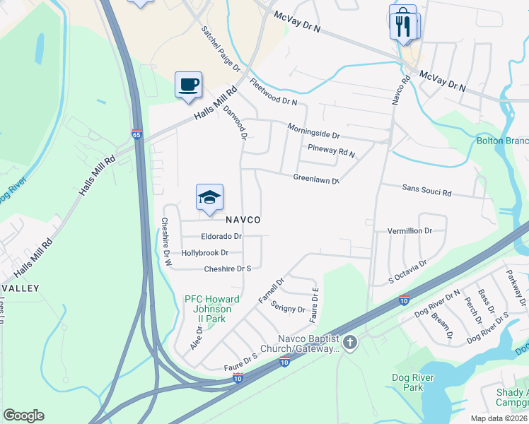 map of restaurants, bars, coffee shops, grocery stores, and more near 1625 Greenbrier Drive East in Mobile