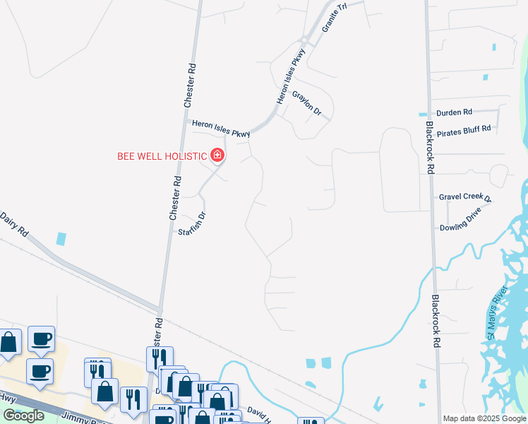 map of restaurants, bars, coffee shops, grocery stores, and more near 96050 Morton Lane in Yulee