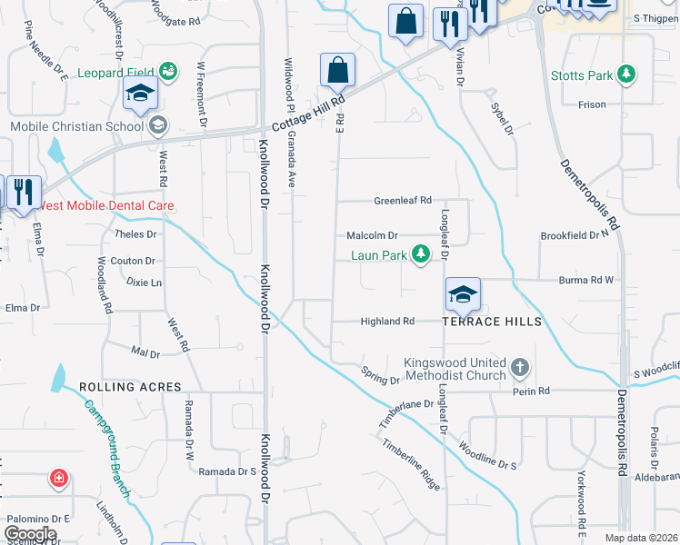 map of restaurants, bars, coffee shops, grocery stores, and more near 2562 Windmill Court in Mobile