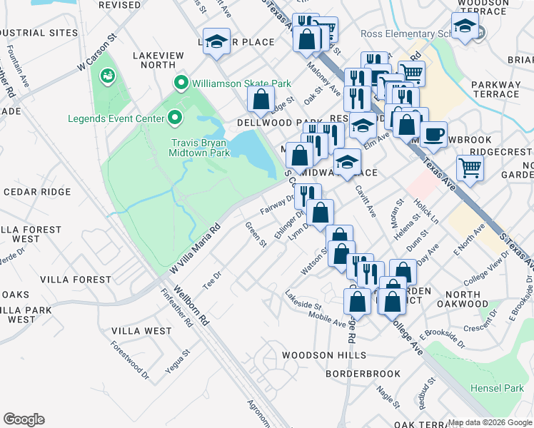 map of restaurants, bars, coffee shops, grocery stores, and more near 207 Fairway Drive in Bryan