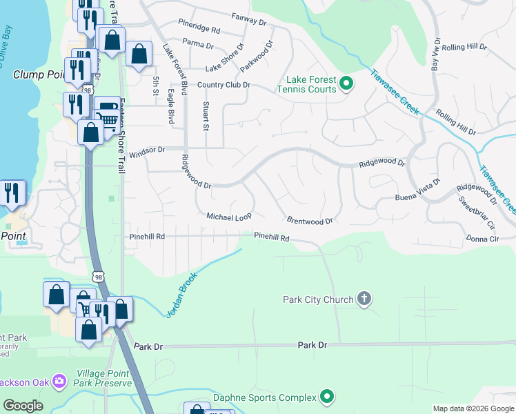 map of restaurants, bars, coffee shops, grocery stores, and more near 107 Ventura Circle in Daphne