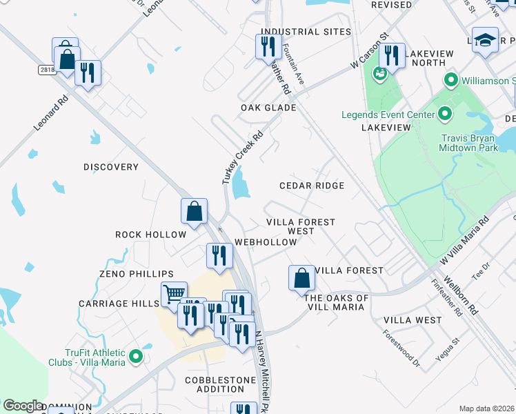 map of restaurants, bars, coffee shops, grocery stores, and more near 2802 Forest Bend Drive in Bryan