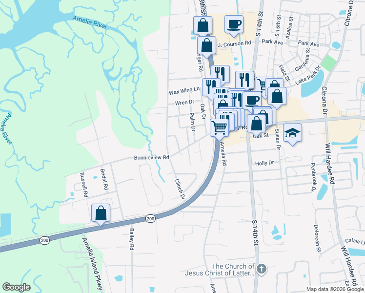 map of restaurants, bars, coffee shops, grocery stores, and more near 713 Bonnieview Road in Fernandina Beach