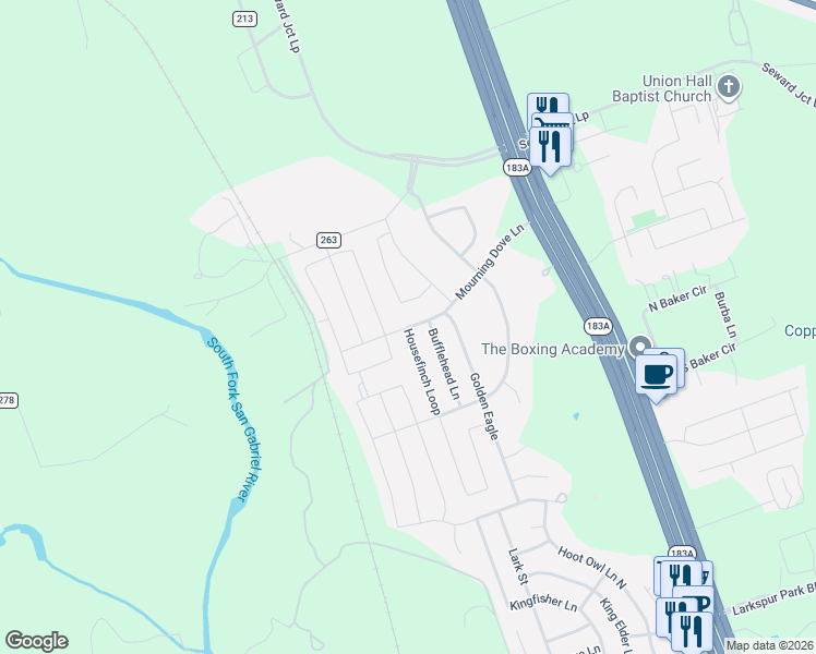 map of restaurants, bars, coffee shops, grocery stores, and more near 917 Mourning Dove Lane in Leander