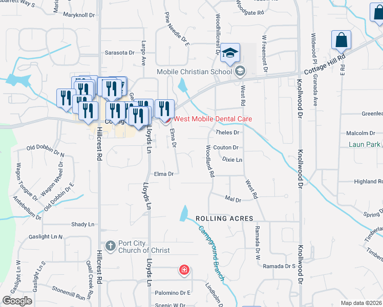 map of restaurants, bars, coffee shops, grocery stores, and more near 2550 Oak Harbor Drive in Mobile