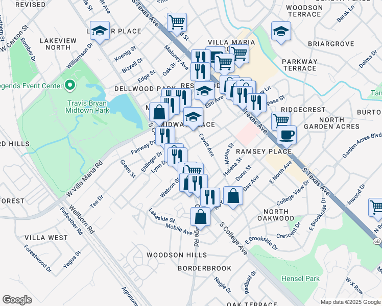 map of restaurants, bars, coffee shops, grocery stores, and more near 109 Sulphur Springs Road in Bryan