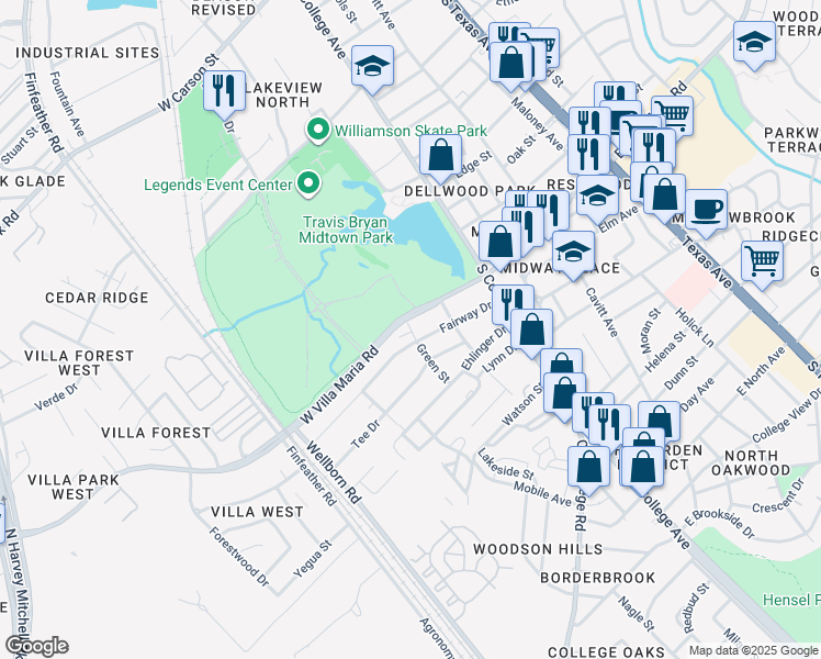 map of restaurants, bars, coffee shops, grocery stores, and more near 302 Fairway Drive in Bryan