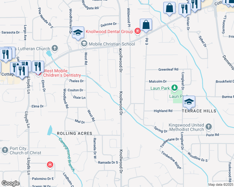 map of restaurants, bars, coffee shops, grocery stores, and more near 5704 Oakleigh Trace Court in Mobile