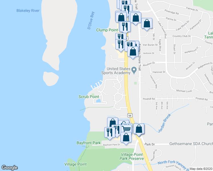map of restaurants, bars, coffee shops, grocery stores, and more near 12 Yacht Club Drive in Daphne