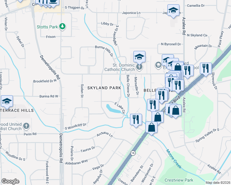 map of restaurants, bars, coffee shops, grocery stores, and more near 1238 Barcelona Dr in Mobile