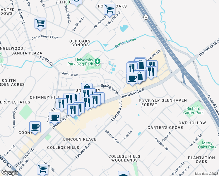 map of restaurants, bars, coffee shops, grocery stores, and more near 1200 Spring Loop in College Station