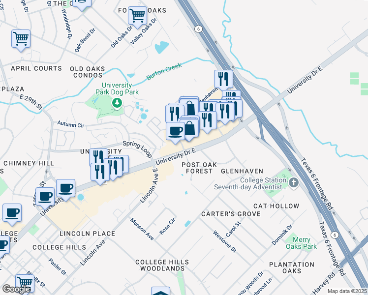 map of restaurants, bars, coffee shops, grocery stores, and more near 1500 University Drive East in College Station