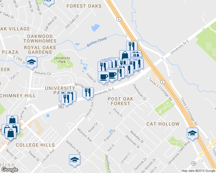 map of restaurants, bars, coffee shops, grocery stores, and more near 1500 University Drive East in College Station