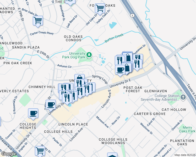 map of restaurants, bars, coffee shops, grocery stores, and more near 1203 University Drive East in College Station