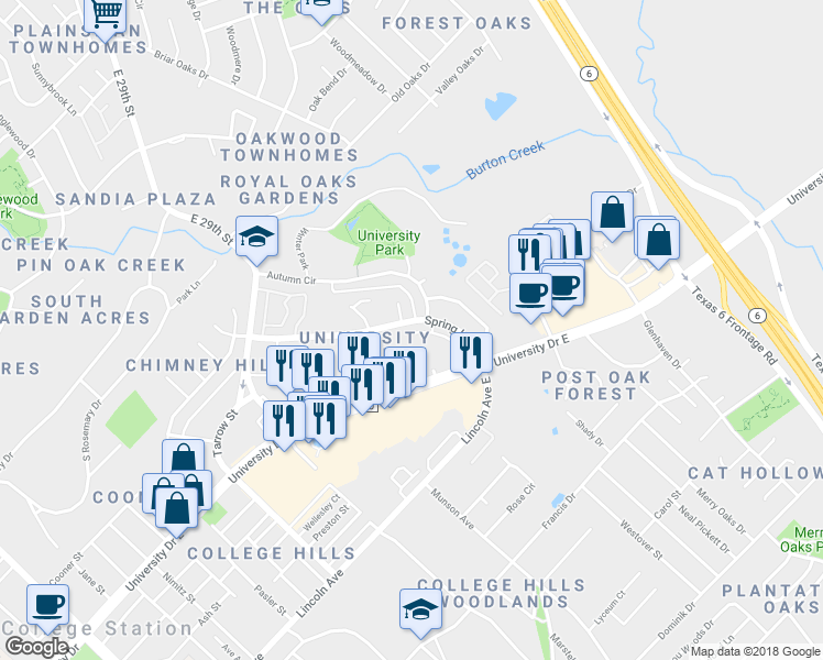 map of restaurants, bars, coffee shops, grocery stores, and more near 1105 Spring Loop in College Station