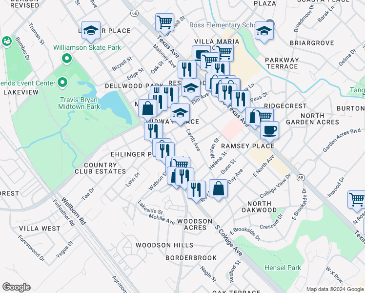 map of restaurants, bars, coffee shops, grocery stores, and more near 3405 Sandra Drive in Bryan