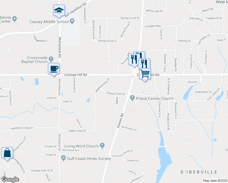 map of restaurants, bars, coffee shops, grocery stores, and more near 8880 Dawes Point Drive in Mobile