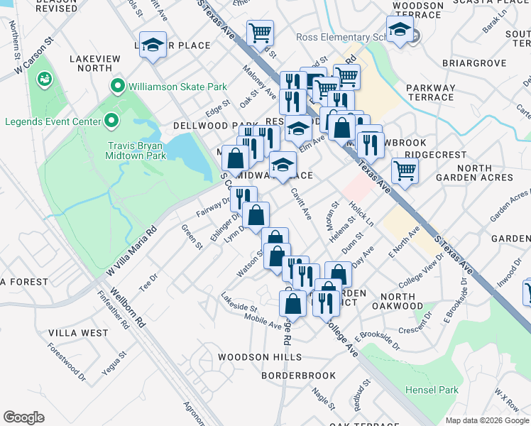 map of restaurants, bars, coffee shops, grocery stores, and more near 109 Sulphur Springs Road in Bryan