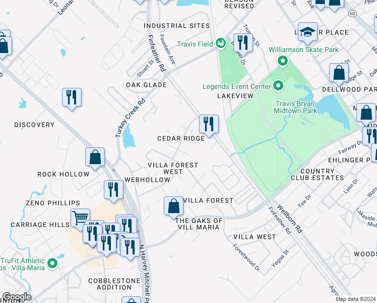 map of restaurants, bars, coffee shops, grocery stores, and more near 2809 Sprucewood Street in Bryan