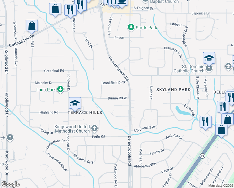 map of restaurants, bars, coffee shops, grocery stores, and more near 5017-5025 Burma Rd W in Mobile