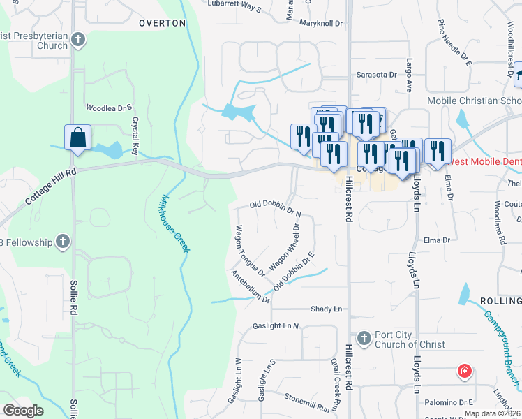 map of restaurants, bars, coffee shops, grocery stores, and more near 6623 Old Dobbin Drive North in Mobile