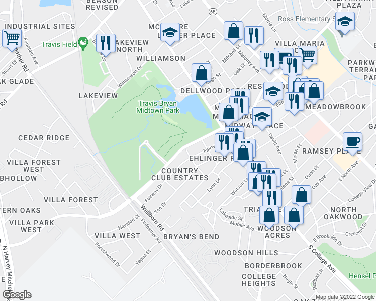 map of restaurants, bars, coffee shops, grocery stores, and more near 3109 Green Street in Bryan