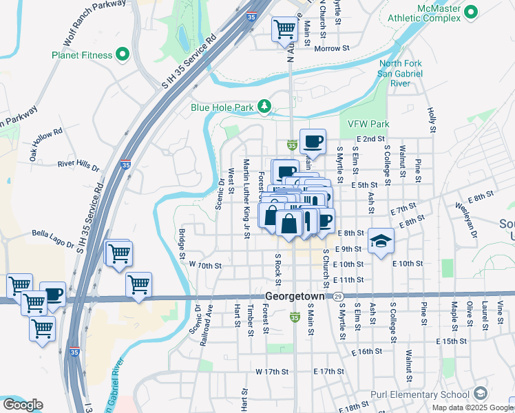 map of restaurants, bars, coffee shops, grocery stores, and more near 403 West 7th Street in Georgetown