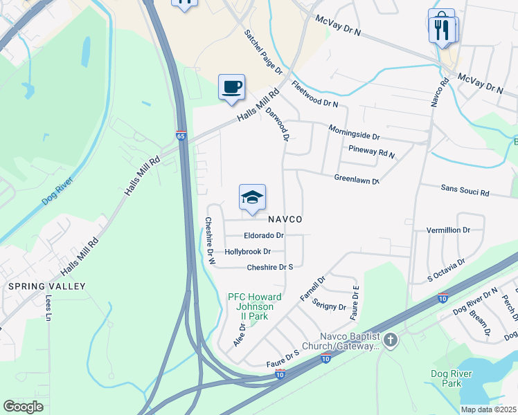 map of restaurants, bars, coffee shops, grocery stores, and more near 2700 Greenbrier Drive South in Mobile