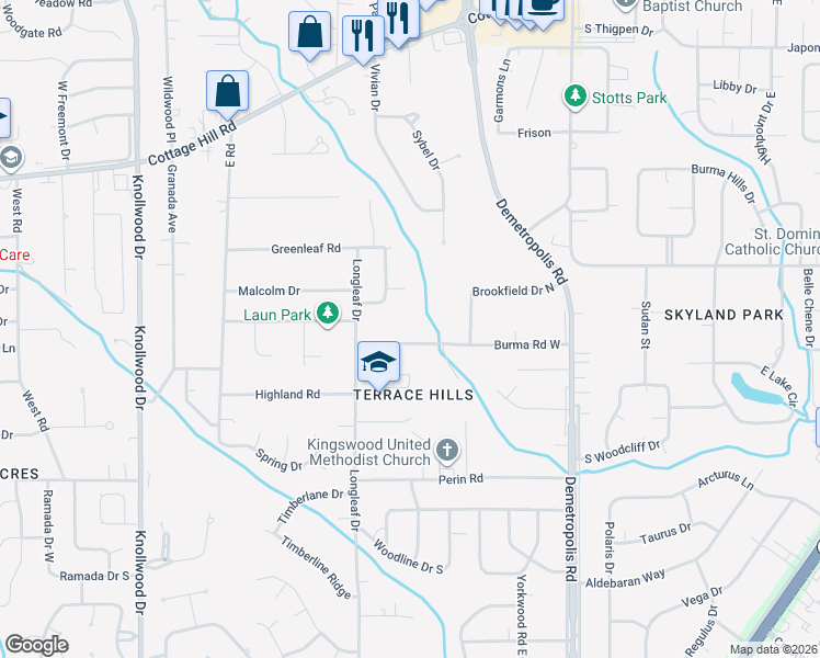 map of restaurants, bars, coffee shops, grocery stores, and more near 5213 Burma Road West in Mobile